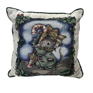 Mouse & Candy Cane Throw Pillow 16"x16" Needlepoint Holiday Christmas Accent